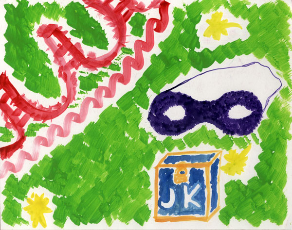 Red bridge and purple mask on green envy background.